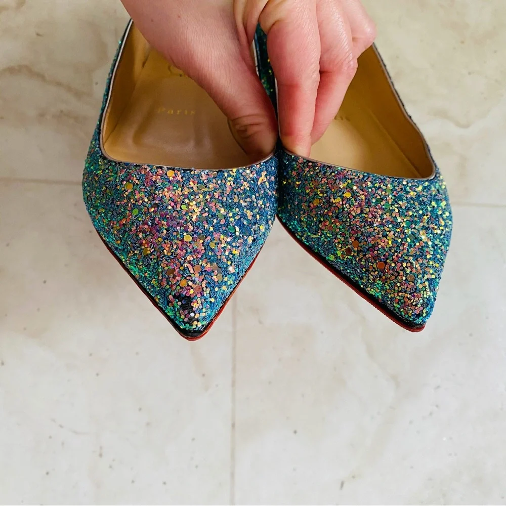 Christian Louboutin Kate Multicolor Blue Glitter Pointed Toe Ballet Flats Sz 6.5